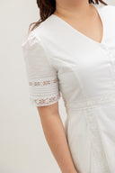 Button-Front Lace Panel Midi Dress (Ivory White)