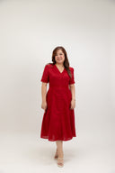 Button-Front Lace Panel Midi Dress (Fortune Red)