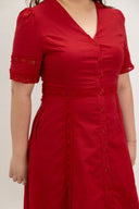 Button-Front Lace Panel Midi Dress (Fortune Red)