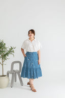 Embroidery Elastic-back Midi Skirt (Blue Daisy)