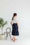 Embroidery Elastic-back Midi Skirt (Navy Wild Florals)