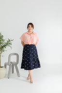 Embroidery Elastic-back Midi Skirt (Navy Pink Florals)