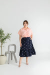 Embroidery Elastic-back Midi Skirt (Navy Pink Florals)