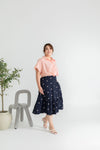 Embroidery Elastic-back Midi Skirt (Navy Pink Florals)