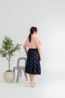 Embroidery Elastic-back Midi Skirt (Navy Pink Florals)