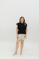Soft Ribbed Flutter-Sleeve Top (Black)