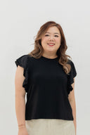 Soft Ribbed Flutter-Sleeve Top (Black)