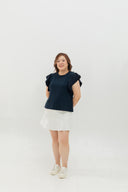 Soft Ribbed Flutter-Sleeve Top (Navy)