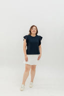 Soft Ribbed Flutter-Sleeve Top (Navy)