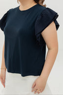 Soft Ribbed Flutter-Sleeve Top (Navy)