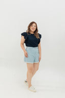 Roll Up Cuff Premium Denim High Waist Shorts (Confetti Blue)