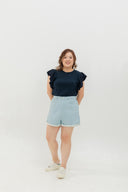 Roll Up Cuff Premium Denim High Waist Shorts (Confetti Blue)