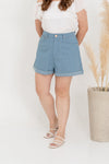 Roll Up Cuff Premium Denim High Waist Shorts (Light Blue)