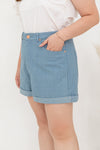 Roll Up Cuff Premium Denim High Waist Shorts (Light Blue)