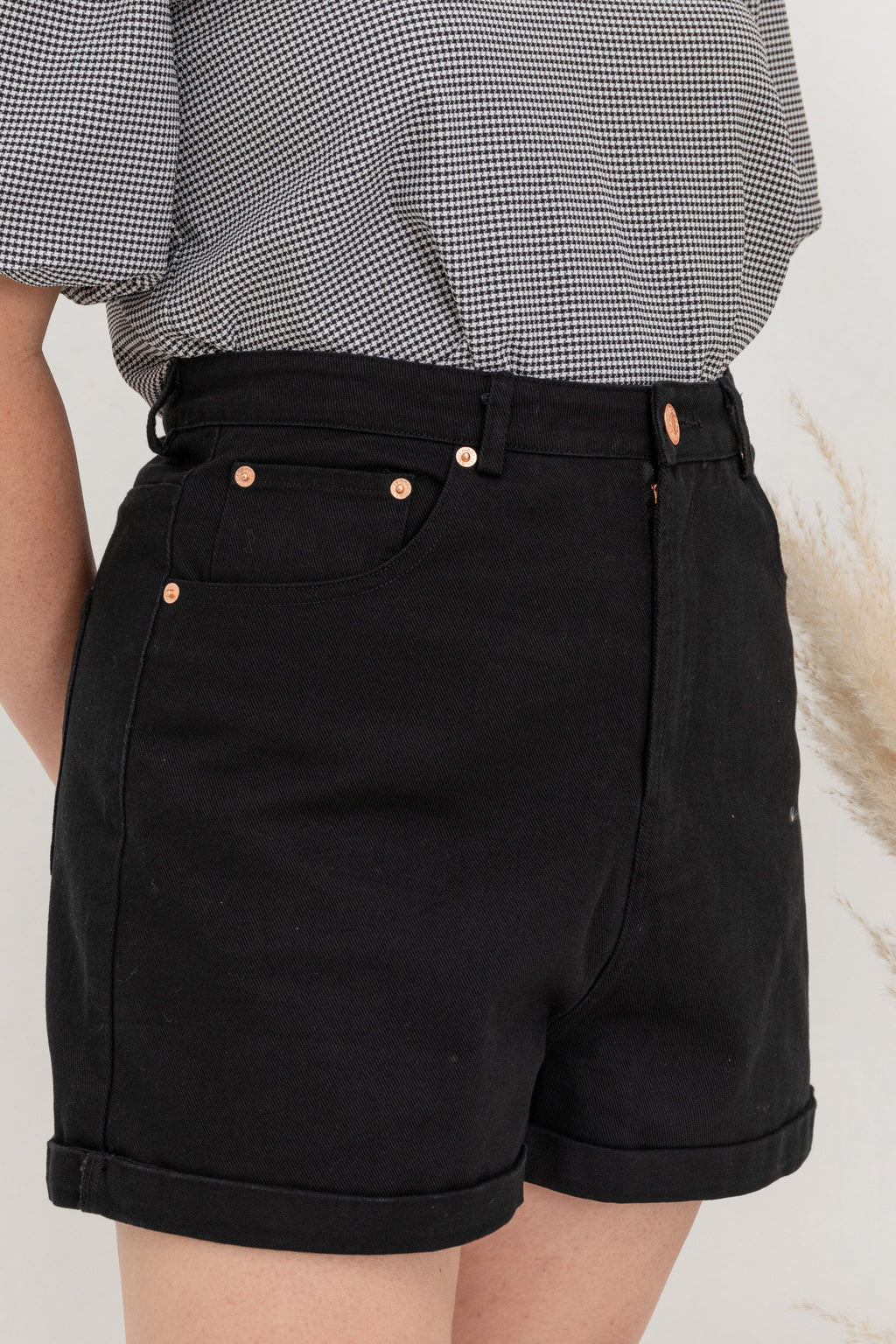 Roll Up Cuff Premium Denim High Waist Shorts (Black)