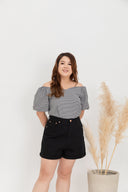 Roll Up Cuff Premium Denim High Waist Shorts (Black)