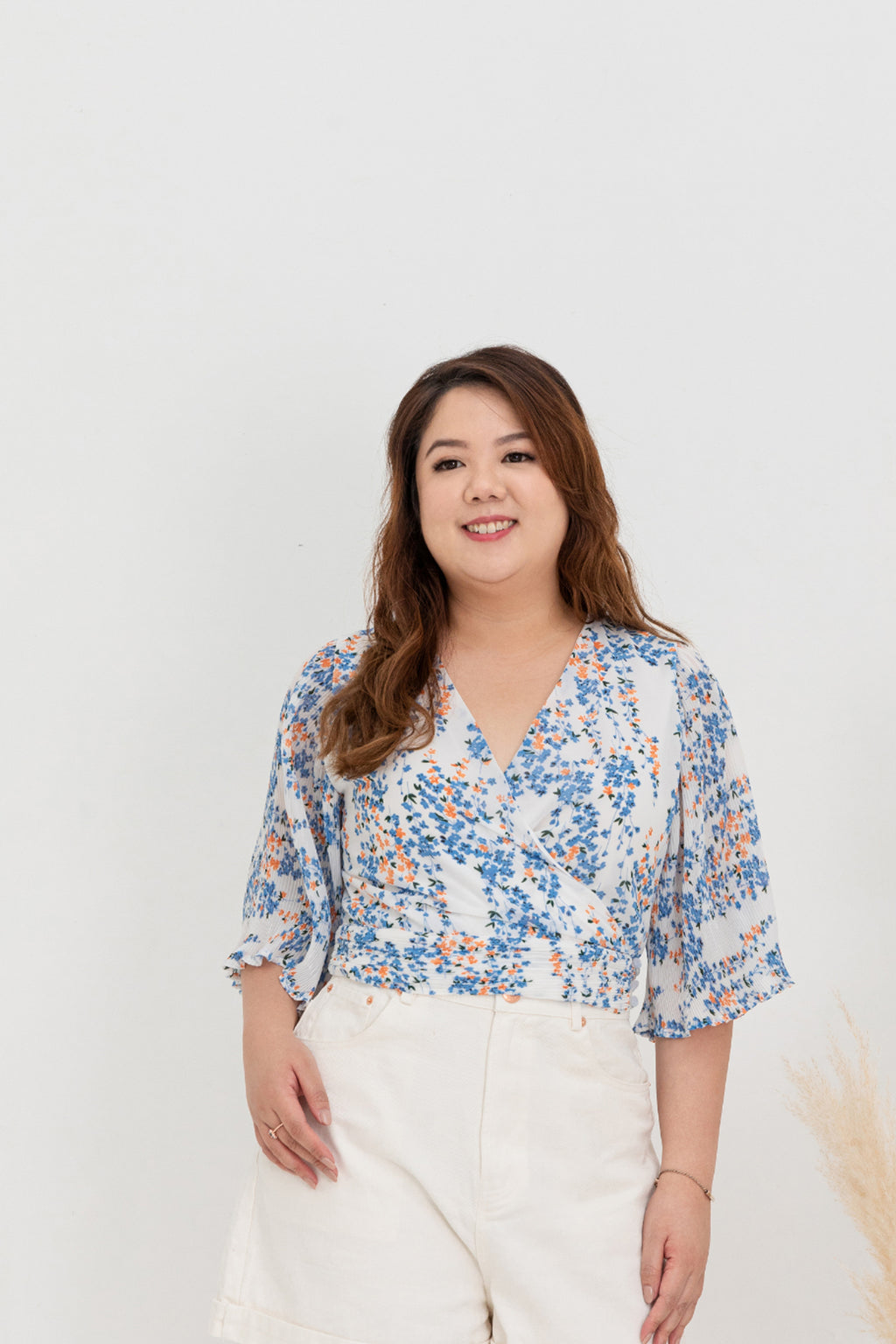 Pleated Wide Sleeves Wrap Top (White)