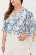 Pleated Wide Sleeves Wrap Top (White)