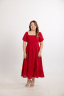 Lace Panel Smocked-back Midi Dress (Mulled Red)