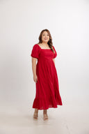 Lace Panel Smocked-back Midi Dress (Mulled Red)