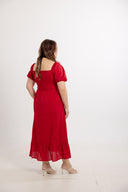 Lace Panel Smocked-back Midi Dress (Mulled Red)