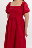 Lace Panel Smocked-back Midi Dress (Mulled Red)