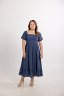 Lace Panel Smocked-back Midi Dress (Indigo Thread)