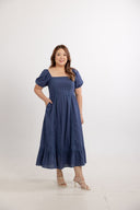 Lace Panel Smocked-back Midi Dress (Indigo Thread)