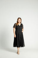 Piped Panel Flutter Midi Dress (Black Swiss Dot)