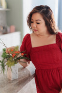 Lace Panel Smocked-back Midi Dress (Mulled Red)