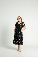 Piped Panel Flutter Midi Dress (Black Blossom)
