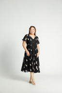 Piped Panel Flutter Midi Dress (Black Blossom)