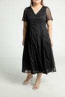 Piped Panel Flutter Midi Dress (Black Swiss Dot)