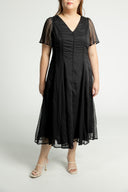Piped Panel Flutter Midi Dress (Black Swiss Dot)