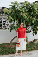 Eyelet Mandarin Cotton Boxy Blouse (Fortune Red)