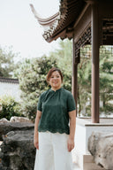 Eyelet Mandarin Cotton Boxy Blouse (Forest Green)