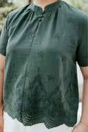 Eyelet Mandarin Cotton Boxy Blouse (Forest Green)