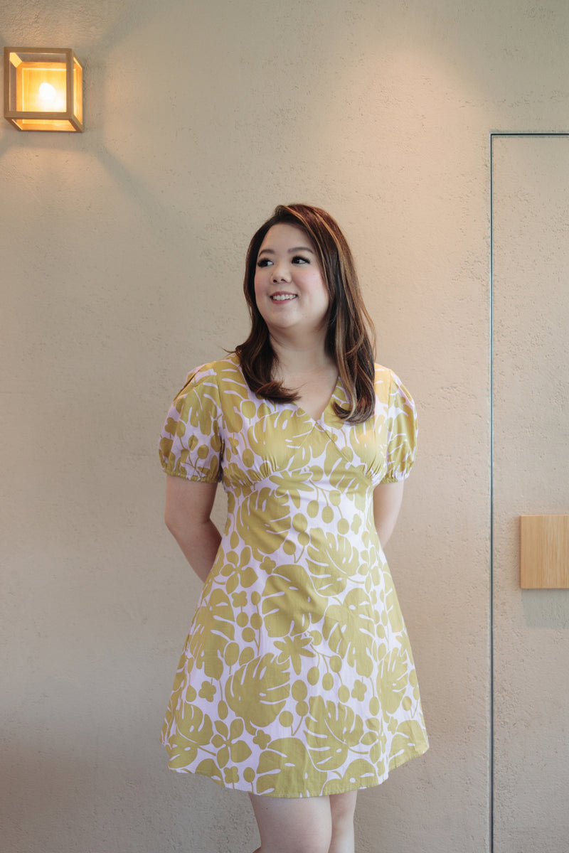 V-neck Floral Mini Dress (Mustard Monstera)