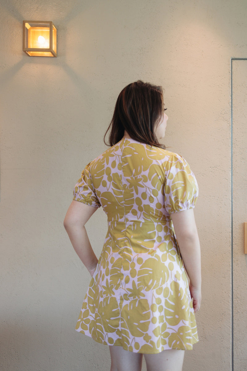 V-neck Floral Mini Dress (Mustard Monstera)