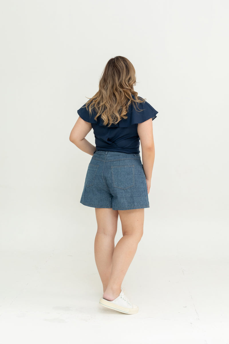 Plait Pocket  Denim Shorts (Dark Wash)