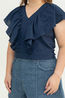 Gentle Ruffle Front Zip Top (Navy)