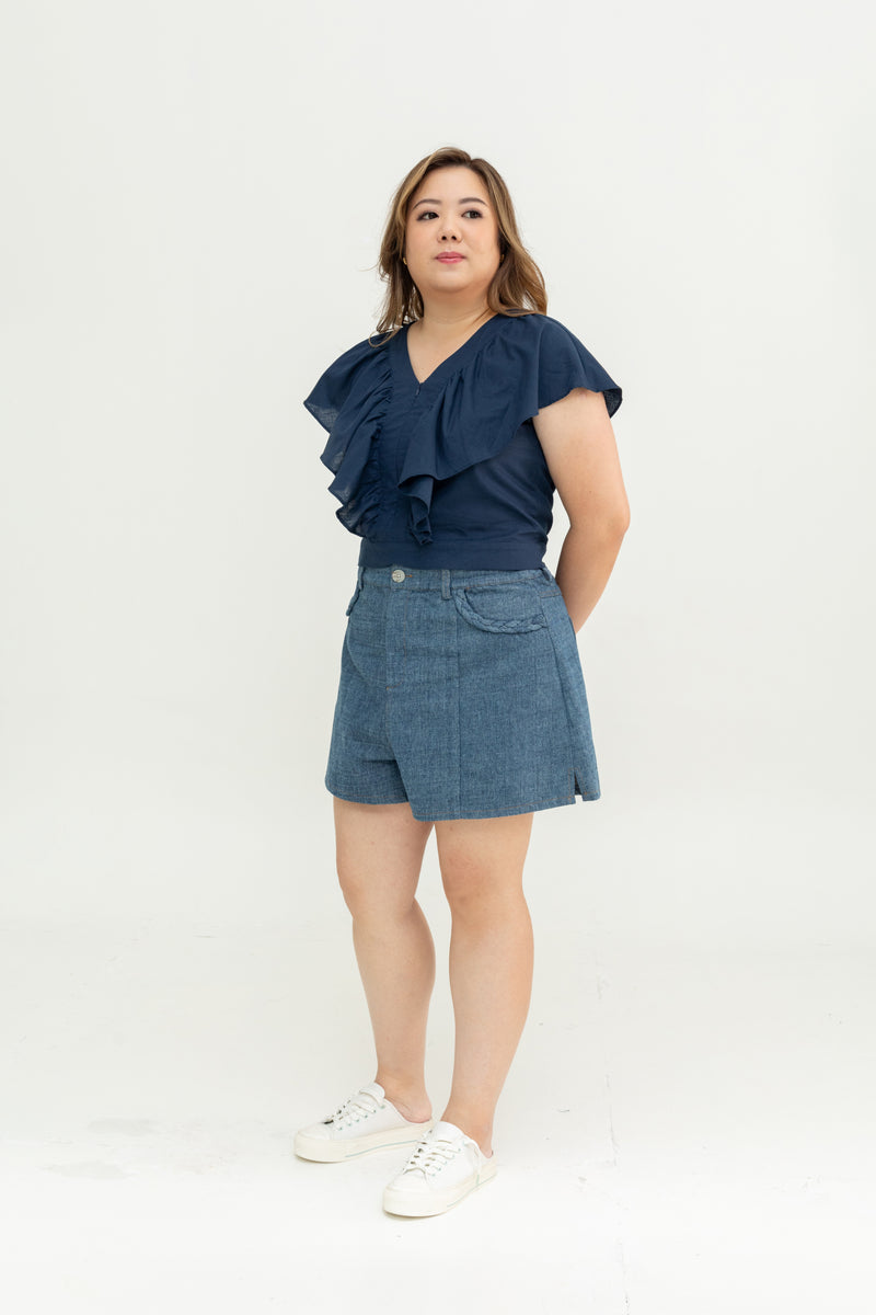 Plait Pocket  Denim Shorts (Dark Wash)