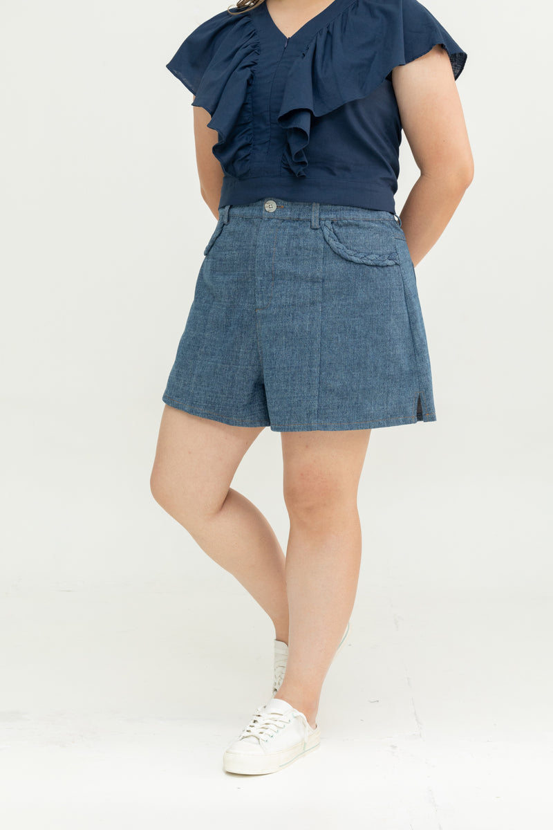 Plait Pocket  Denim Shorts (Dark Wash)
