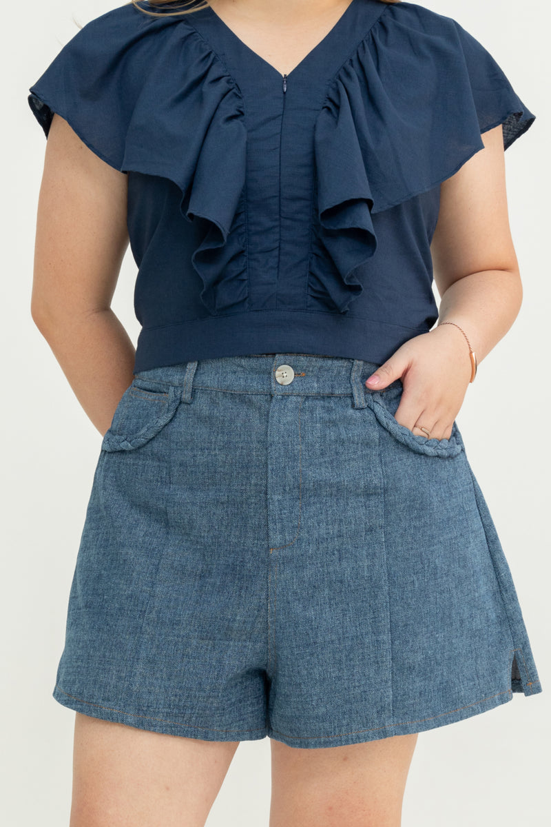 Plait Pocket  Denim Shorts (Dark Wash)