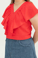 Gentle Ruffle Front Zip Top (Rouge Red)