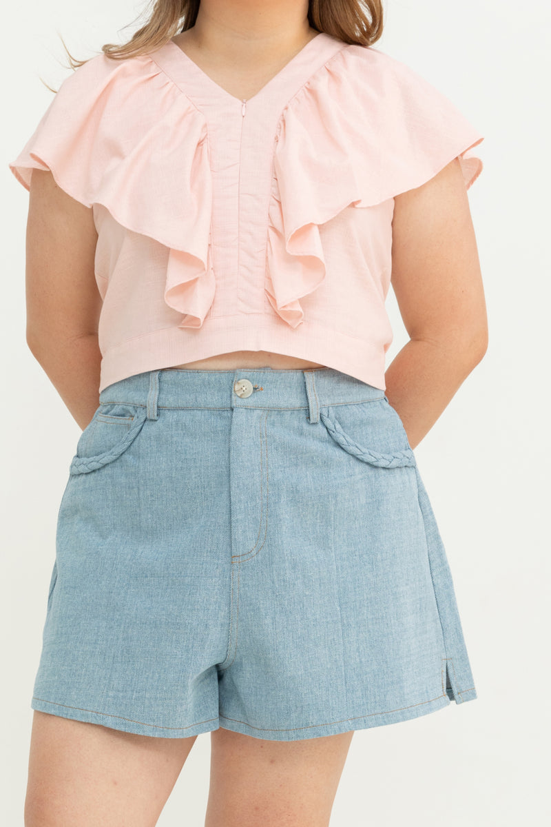 Plait Pocket  Denim Shorts (Light Wash)