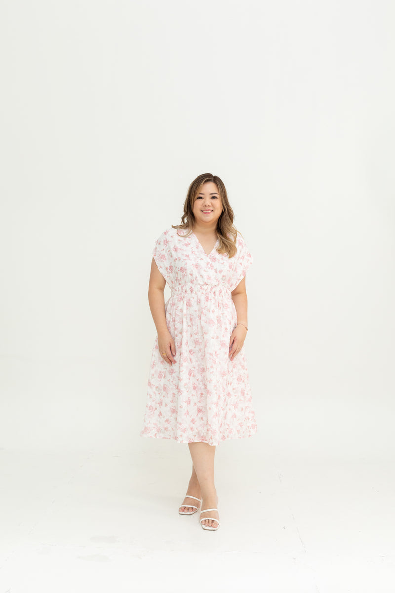 Smocked Waist Ruched Sleeves Dress (Pink)