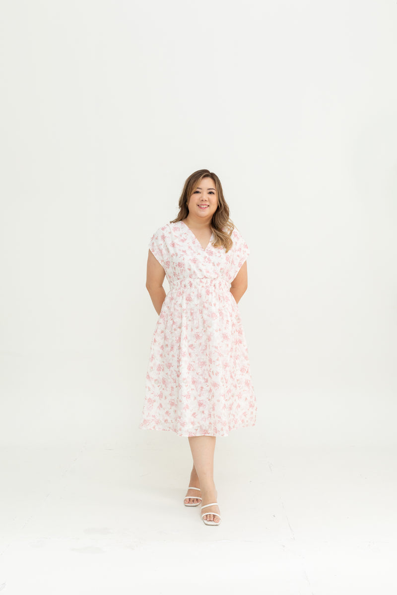 Smocked Waist Ruched Sleeves Dress (Pink)