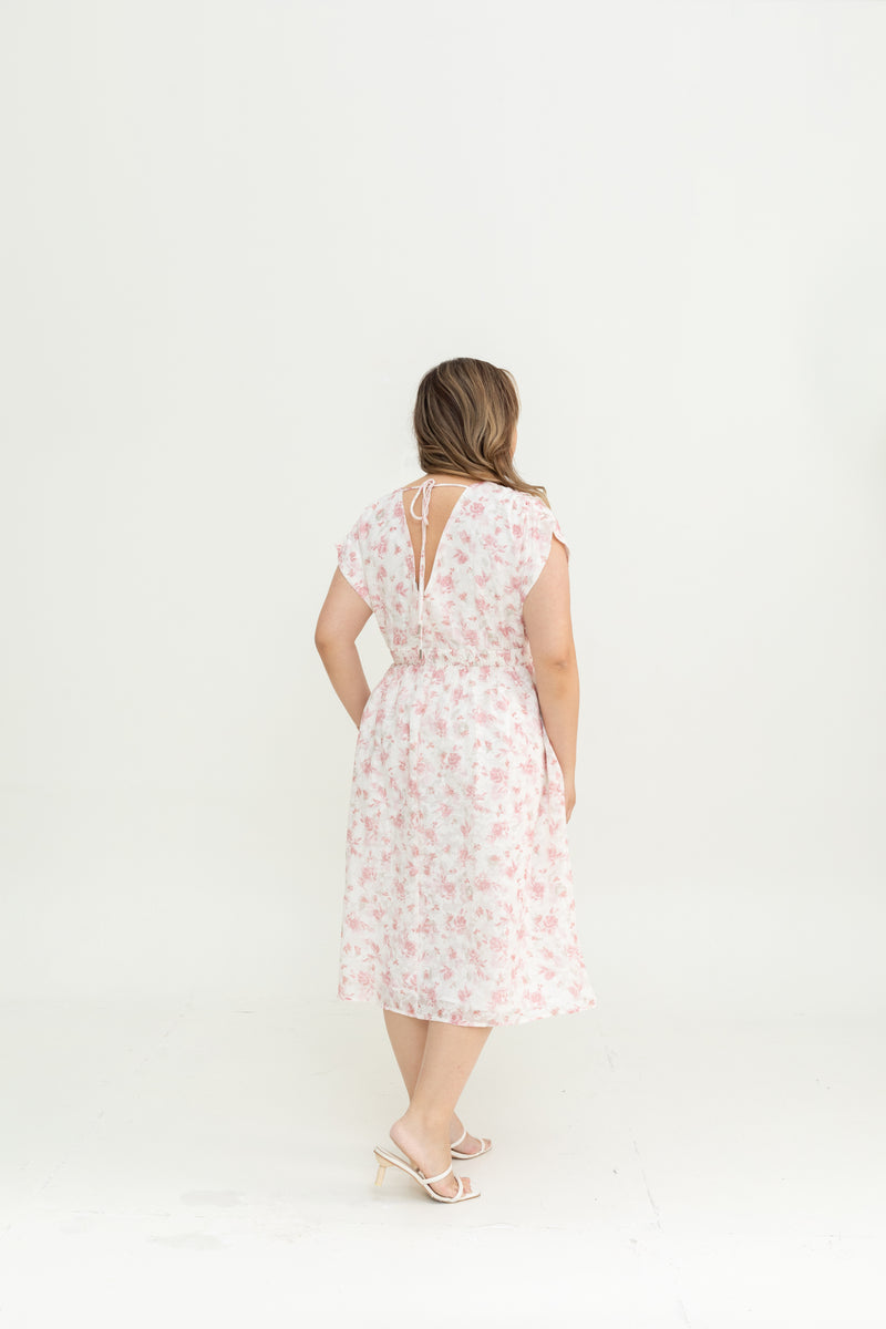 Smocked Waist Ruched Sleeves Dress (Pink)