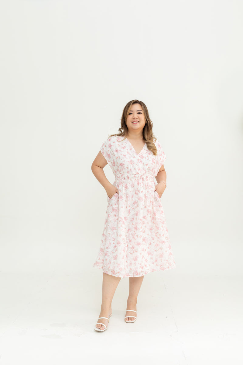 Smocked Waist Ruched Sleeves Dress (Pink)